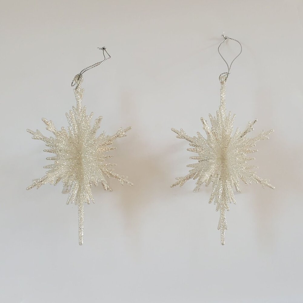 White Silver Starburst Christmas Tree Ornaments Set of 2